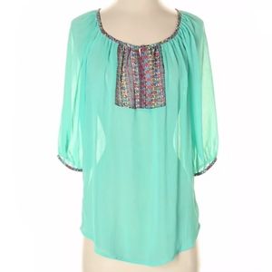 Umgee Green Flowy Top With Colorful Trim Detail